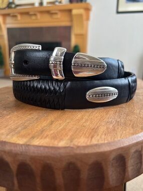 Brighton Vintage Men's Black Leather Belt with Ornate Silver Tone Hardware - 38